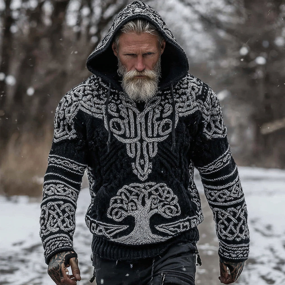 Men's Vintage Viking Tree Of Life Celtic Knot Cozy Knit Hooded Sweater artswardrobe