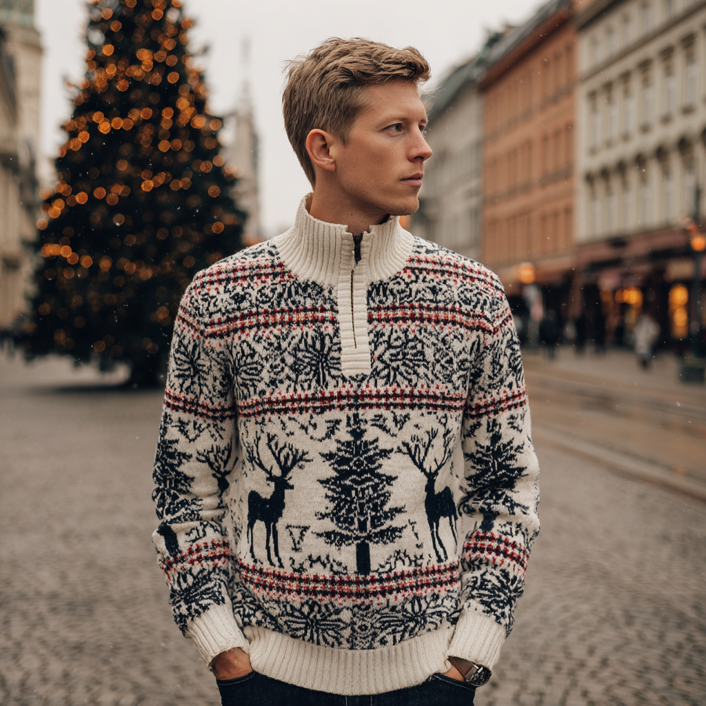 Comstylish Men's Retro Christmas Printed High Neck Half Zipper Knit Sweater