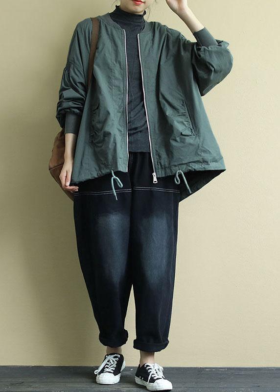 Green Zippered Pockets Low High Design Fall Coat Long Sleeve
