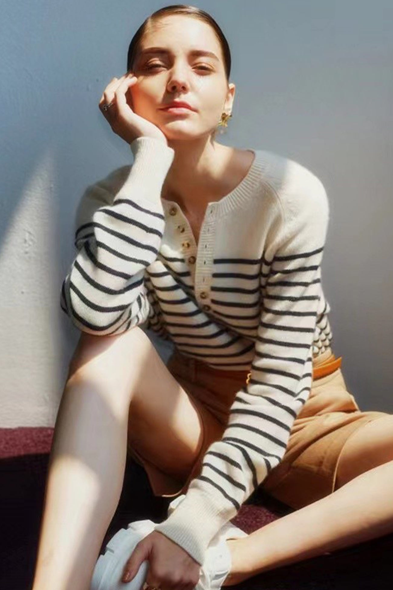 Paula® | Striped sweater with a crew neck and button placket at the front