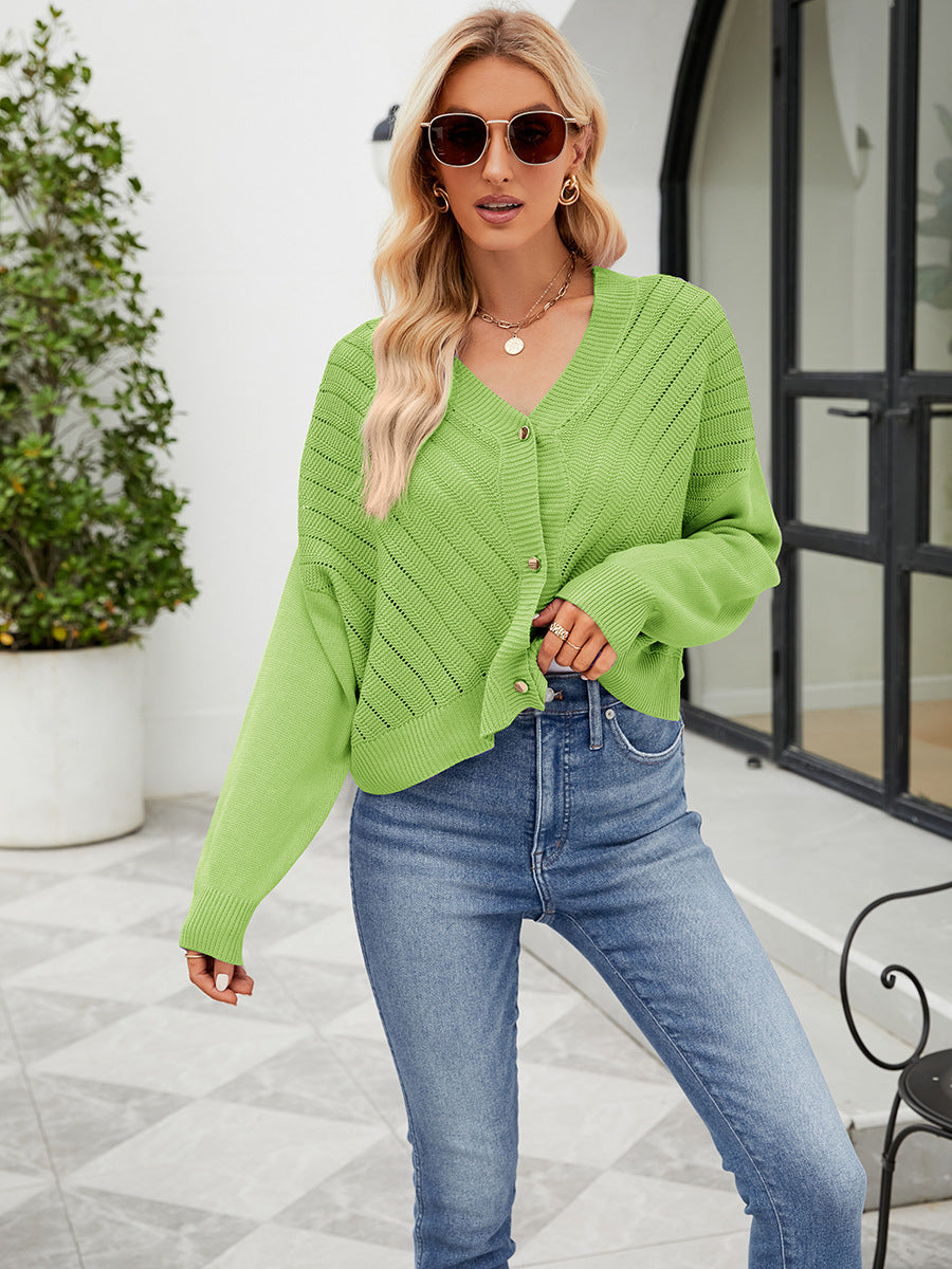 V Neck Hollow Out Cutout Knitted Cardigan Outer Wear Loose Long Sleeved Knitted Top Color Cardigan