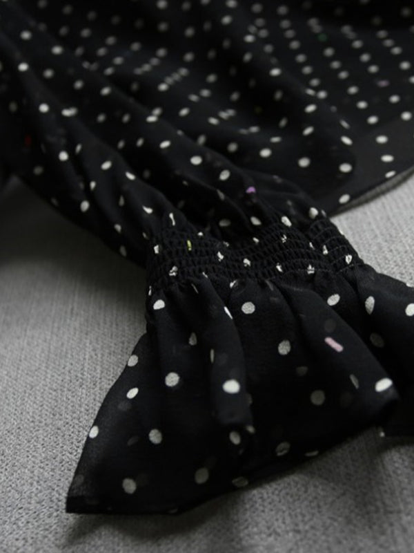 Flared Sleeves Long Sleeves Elasticity Mesh Polka-dot See-through Mock Neck Blouses&shirts Tops
