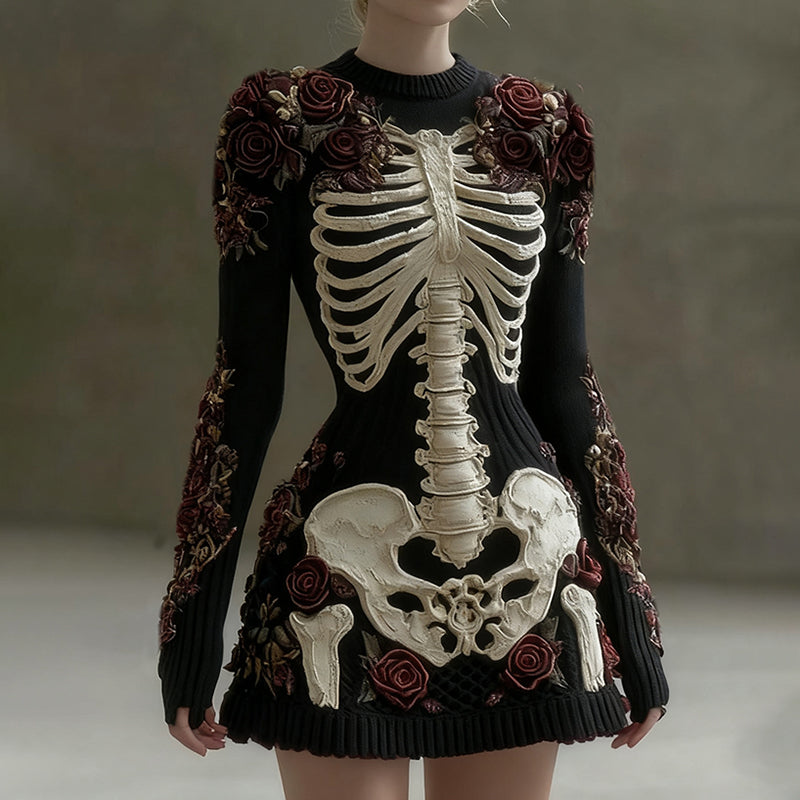 Women's Vintage Rose Skull Cozy Knit Mini Sweater Dress artswardrobe