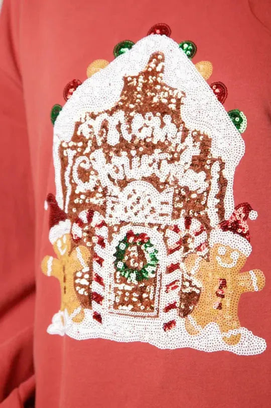 Christmas Candy House Sequined Loose Sweatshirt