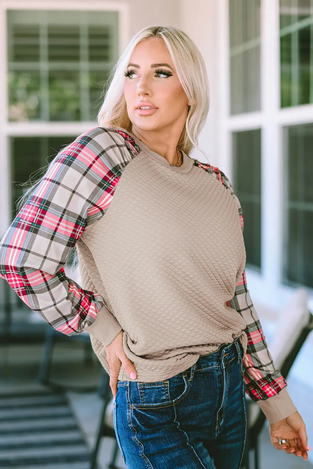 Apricot Plaid Raglan Sweatshirt