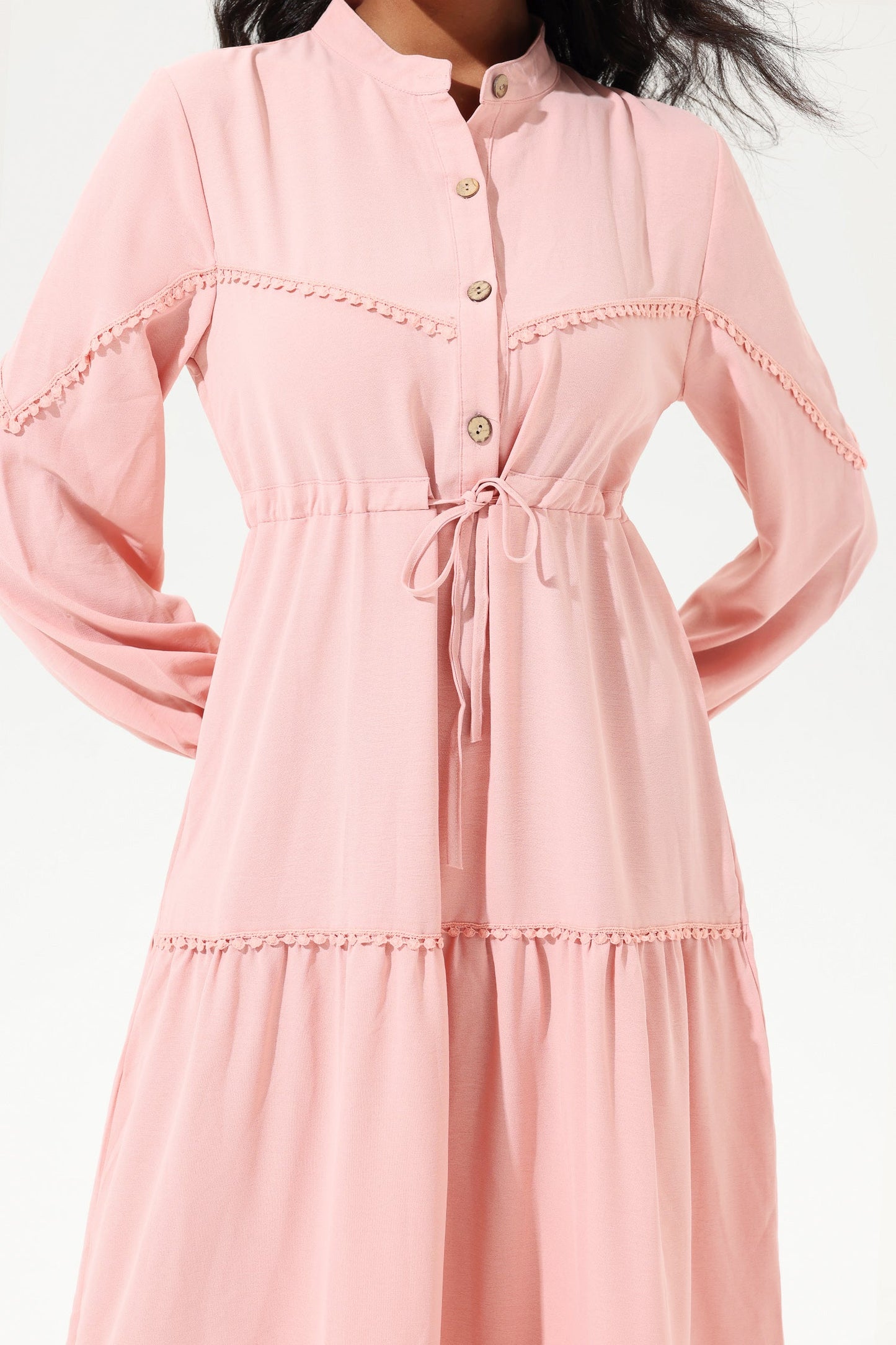 Long Sleeve Lace Up Midi Dress Pink