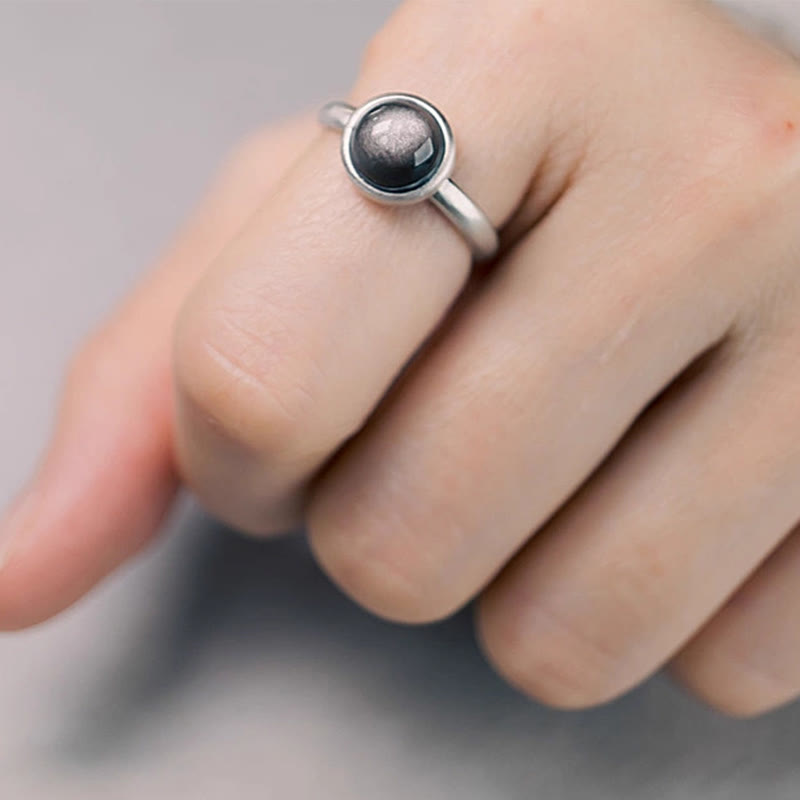 Buddha Stones Natural 925 Sterling Silver Silver Sheen Obsidian Adjustable Protection Ring