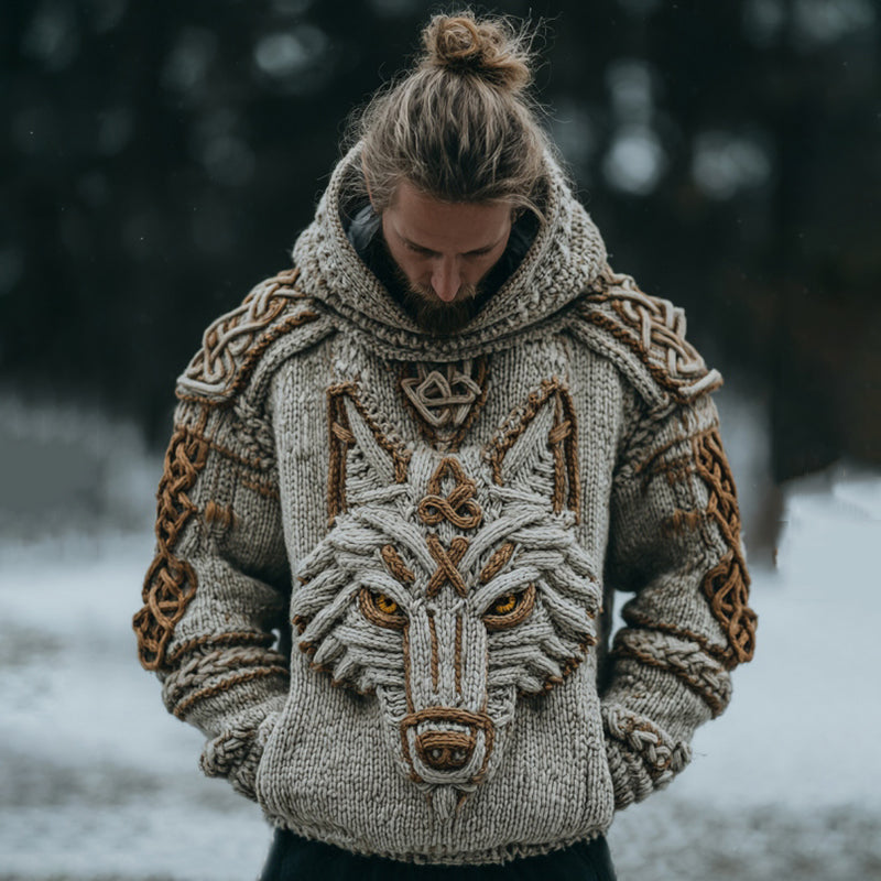 Men's Vintage Viking Wolf Art Knit Hooded Sweater artswardrobe