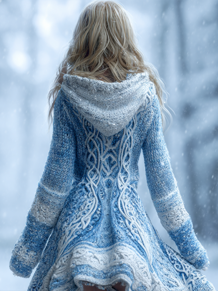 Comstylish Snow And Ice Christmas Retro Style Women's Knitted Hooded Sweater Dress