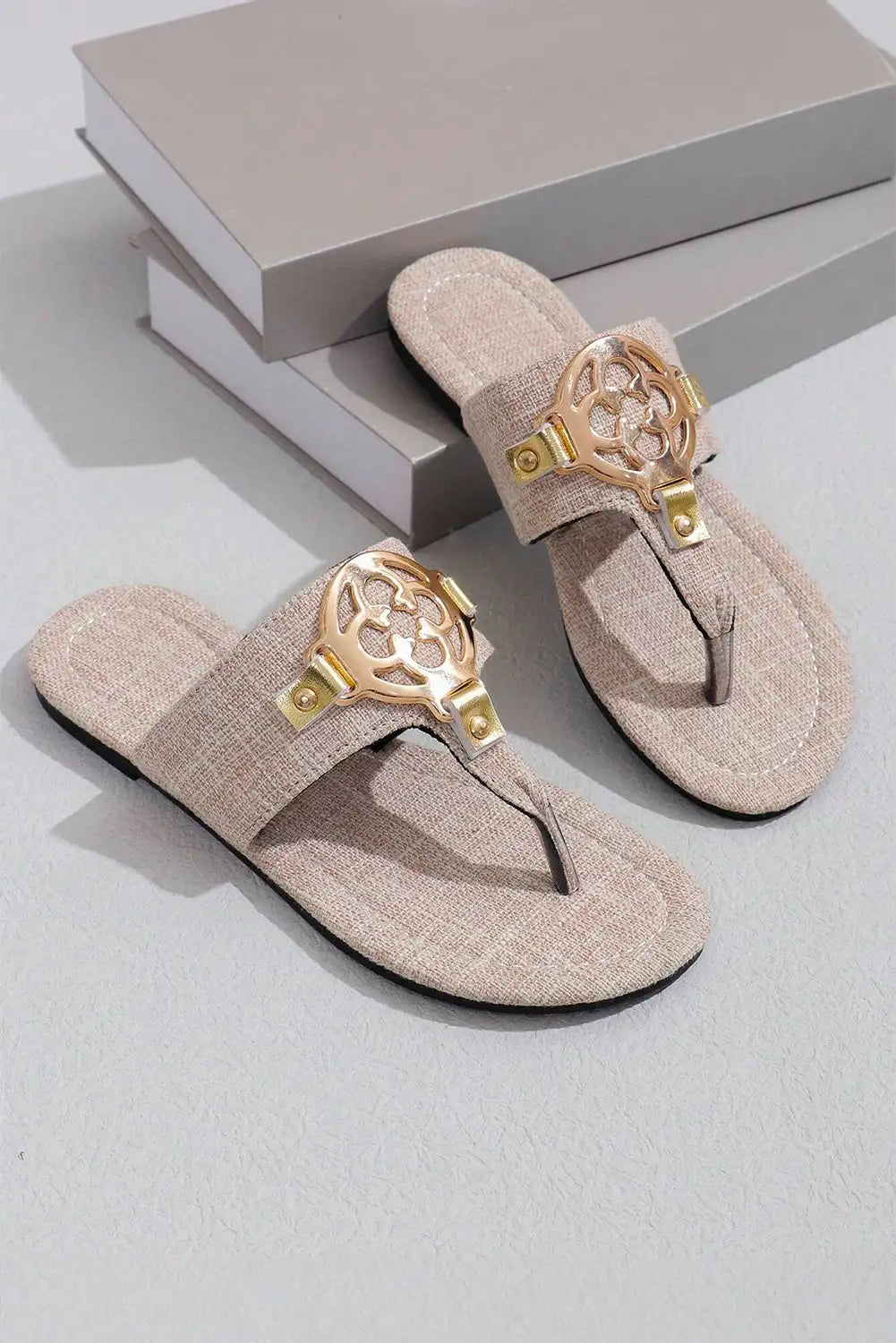 Beige Metal Thong Slippers
