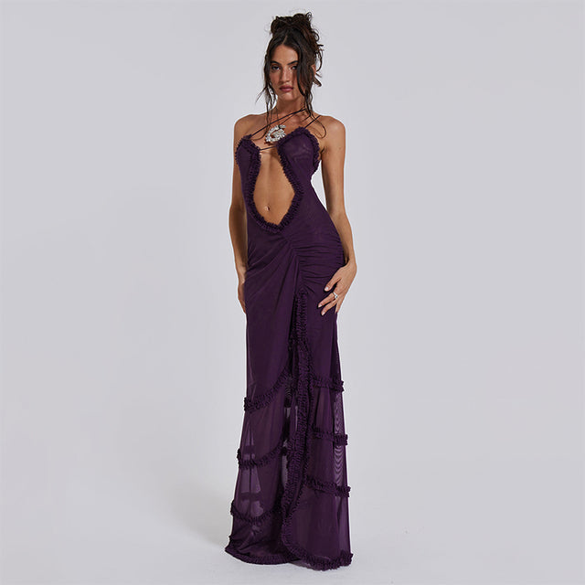 Noble Furry Halter Sleeveless Hollow Dress Camisole Shrunk Split Wave Cut Dress Prom Occasion Evening Gown