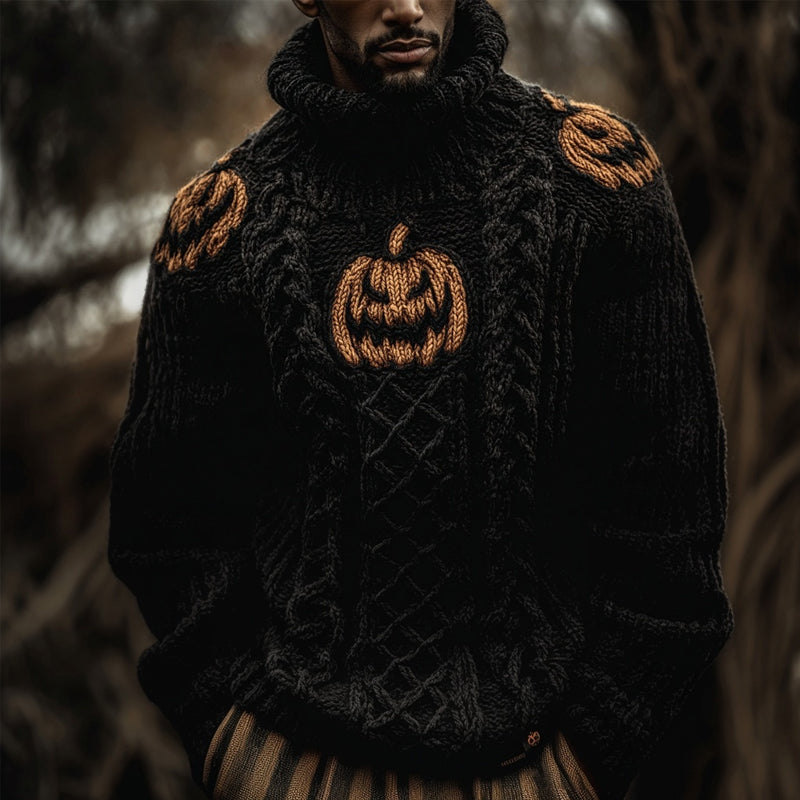 Men's Halloween Pumpkin Inspired Cozy Chunky Turtleneck Sweater artswardrobe