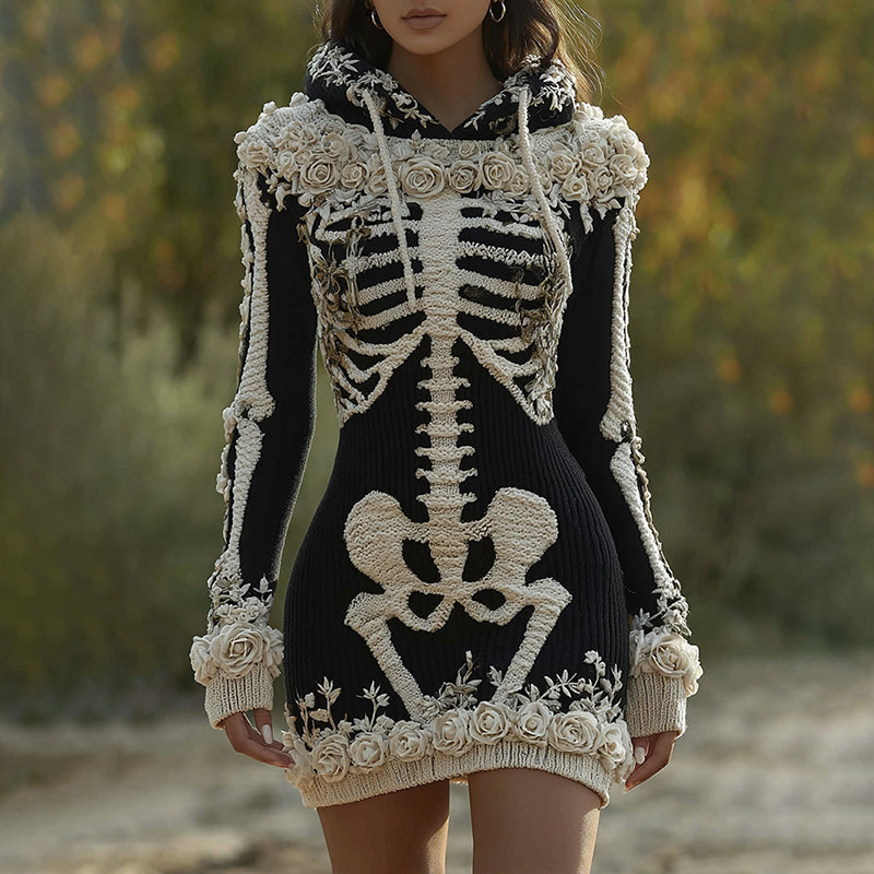 Women's Halloween Skeleton Bones With Roses Art Cozy Knit Hooded Sweater Dress artswardrobe