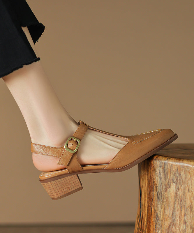 Brown Chunky Sheepskin Simple Splicing Sandals Hollow Out Pointed Toe Ap1015
