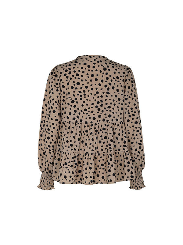 Long Sleeves Loose Elasticity Polka-dot Split-joint V-neck Blouses&shirts Tops