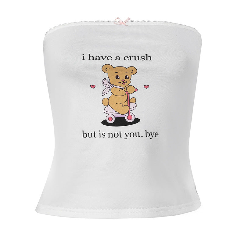 Bear Letter Graphic Print Bow Lace Collared Blouse Tube Top Short Type