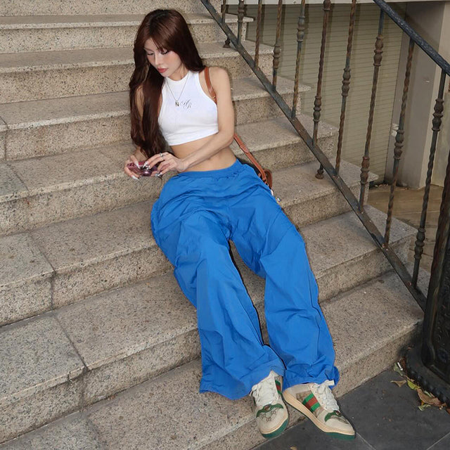 Y2k Summer Hipster Pockets Cargo Color Elastic High Waist Wide Leg Pants Trousers 2000s Street Wear Club