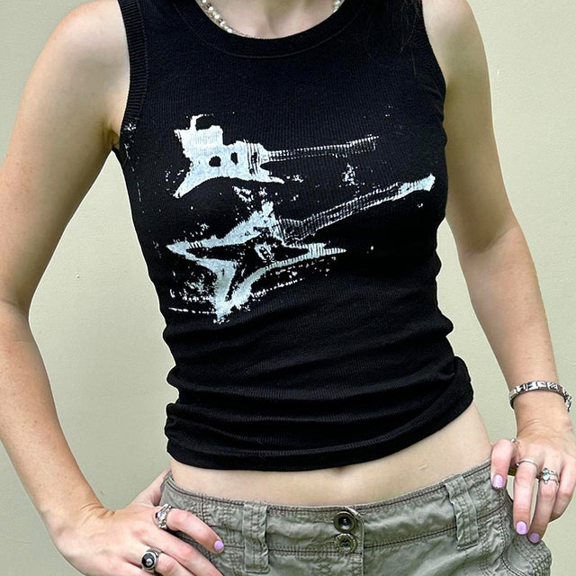 2000s E-girl Print Sleeveless Tank Top Summer Y2k Ribbed Grunge Crop Top Harajuku Vest Tee Street Black Top