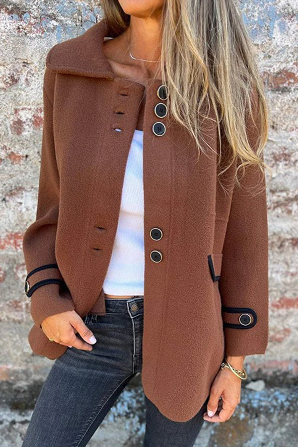 Color Lapel Long Sleeve Button Loose Coat