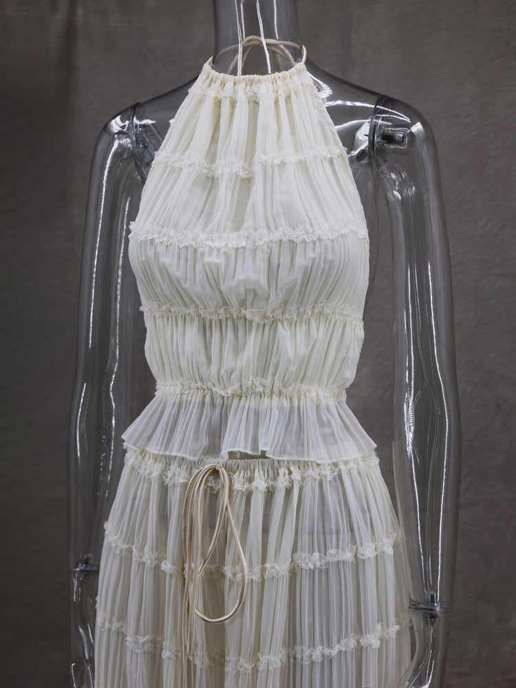 Taruxy Backless Halterneck Strappy Pleated Lace Vest Long Skirt Suit for Mesh Splice Summer Beach Party Outfits