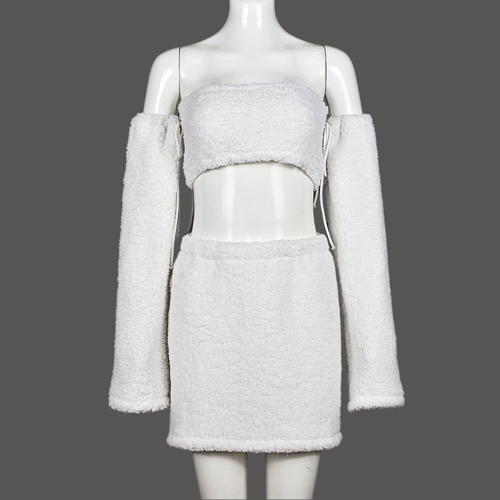 Autumn Winter Double Sided Plush Tank Top Hollow Out Cutout Cropped Skirt Set