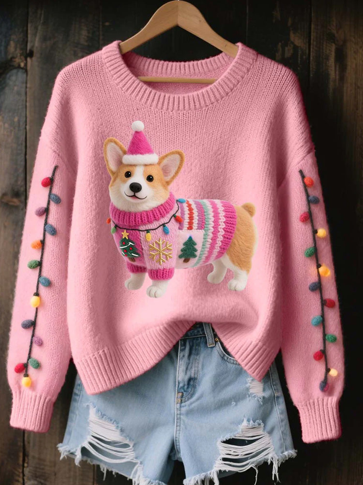 Women's Christmas Corgi Dog Felt Art Cozy Knit Sweater artswardrobe