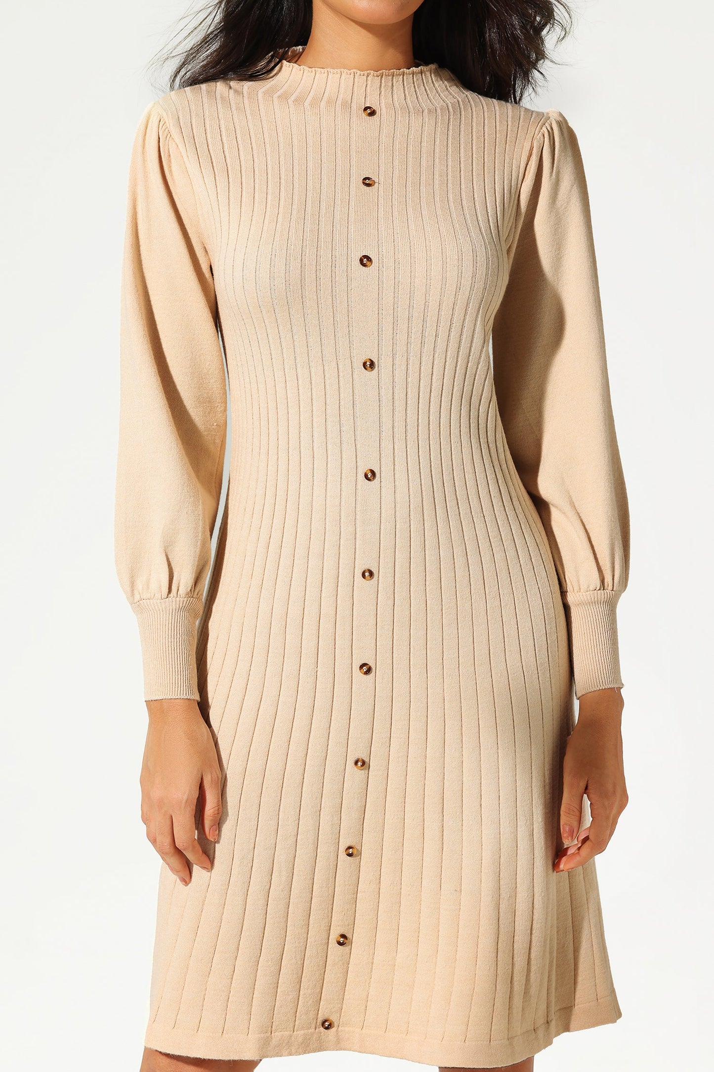 Knit Long Sleeve Pleated Buckle Slim Midi Dress