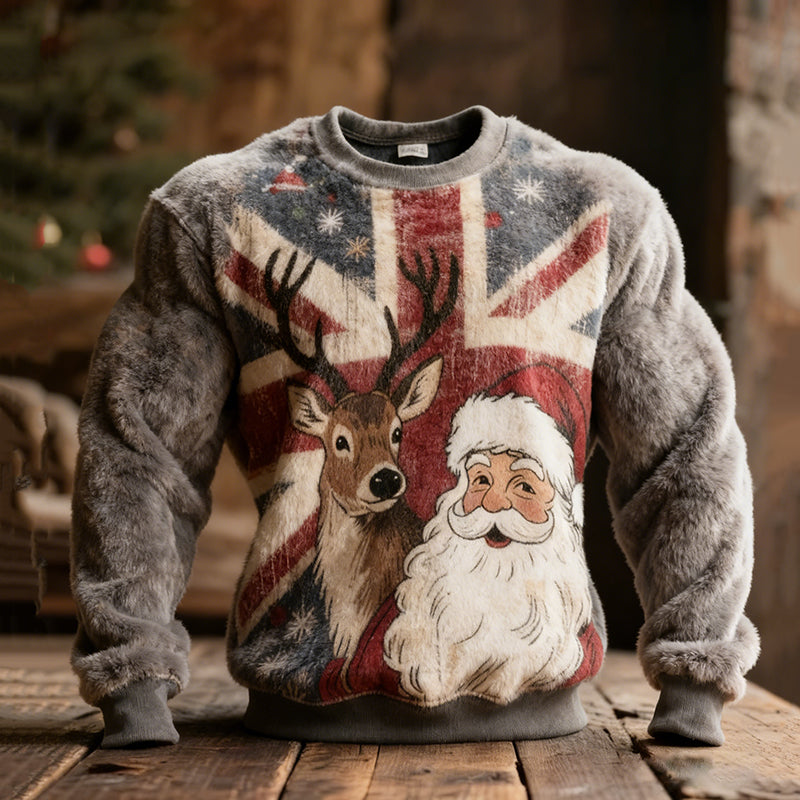 Comstylish Santa Claus Reindeer And Flag Pattern Plush Ugly Sweater