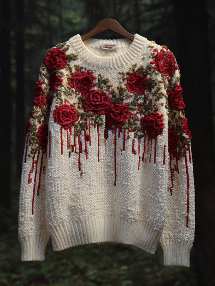 Comstylish Women's Halloween Blood Stained Roses Make Old Round Neck Sweaters