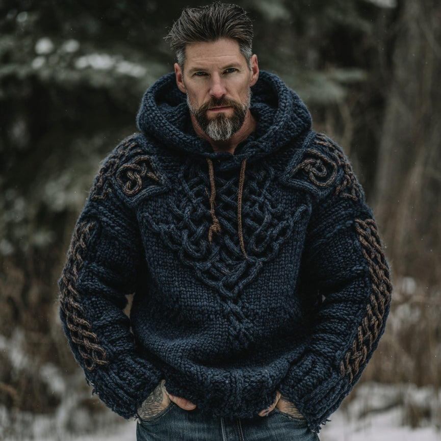 Men's Viking Celtic Knot Art Jacquard Chunky Knitted Cozy Hooded Sweater artswardrobe