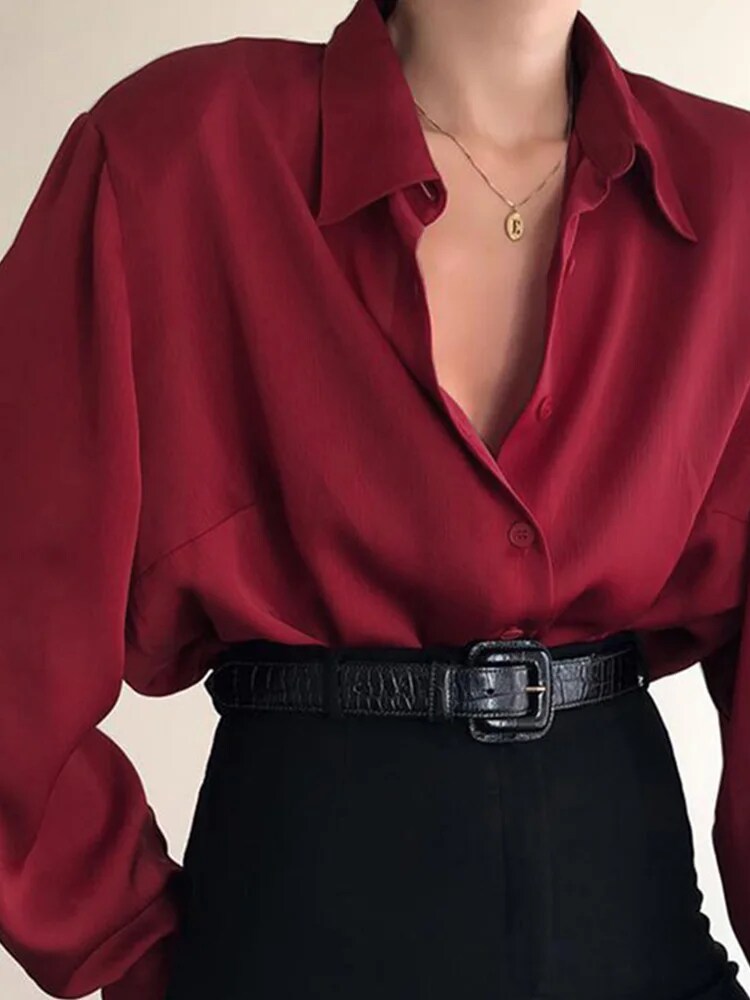 Button Blouses Turn Down Collar Shirts Office Lady Long Sleeve Blouse Loose Ol Shirt Baggy Tops Red/wine Red /black