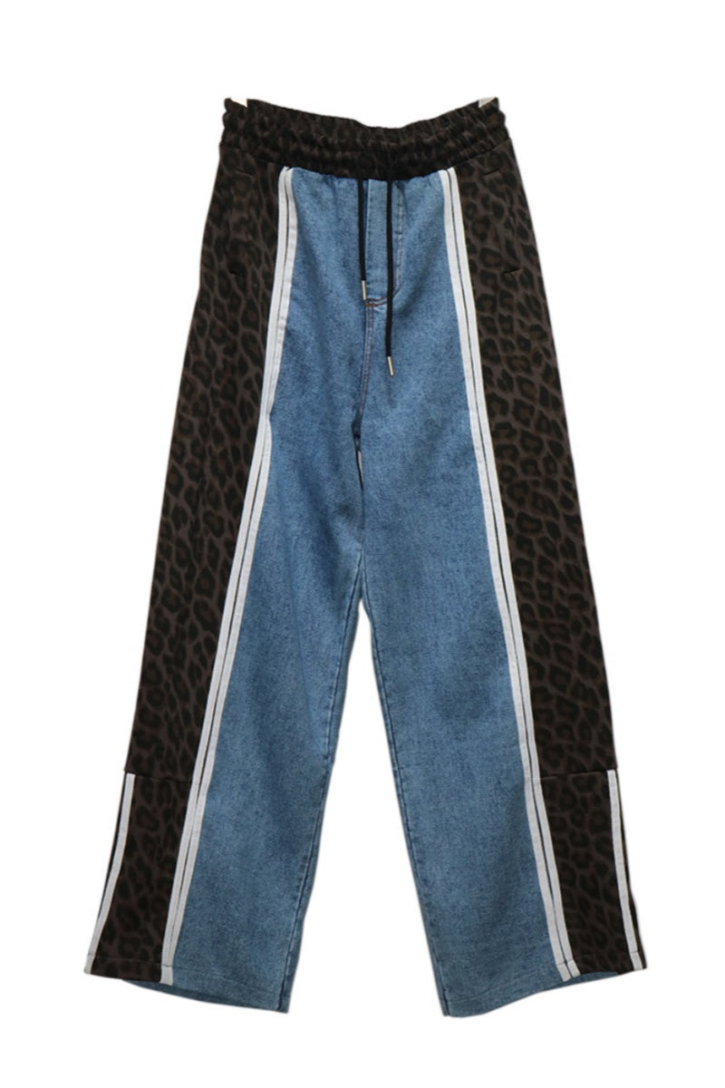 Leopard Print Patchwork High Waist Straight Denim Jeans