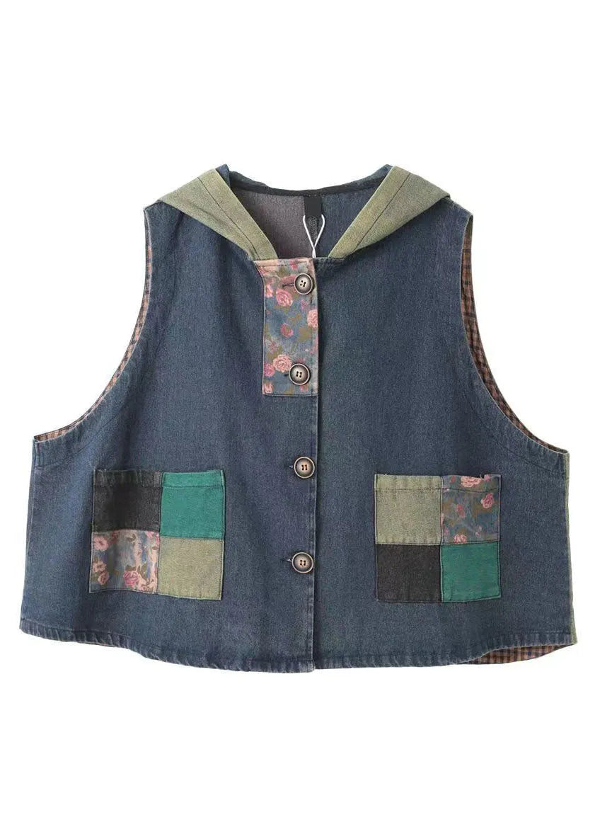 Blue Print Pockets Patchwork Denim Hoodies Vest Fall