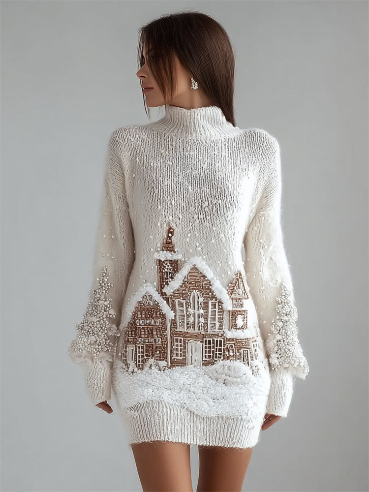 Christmas Snowy Scene Cottage Cozy Knit Sweater Dress
