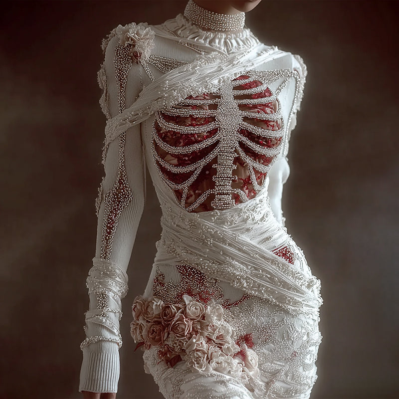 Women's Vintage Skeleton Bones With Rose Cozy Knit Mini Sweater Dress artswardrobe