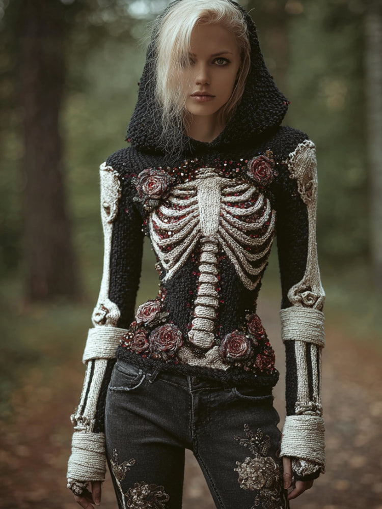 Women Halloween Skeleton Rose Gothic Vintage Making Old Bandage Hooded Sweater artswardrobe