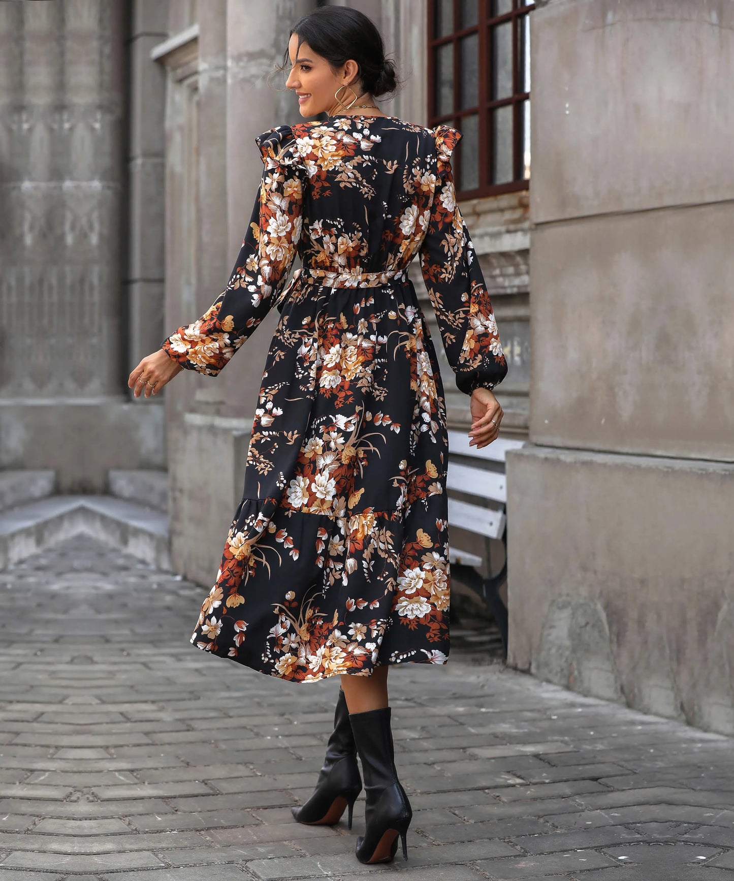 Harvest Love Print Tiered Midi Dress