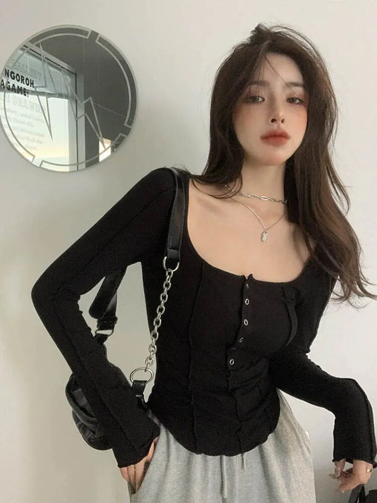 Black White T Shirt Cotton Button Elasticity Slim Long Sleeve Fall Tops Korean Style T-shirt Clothing