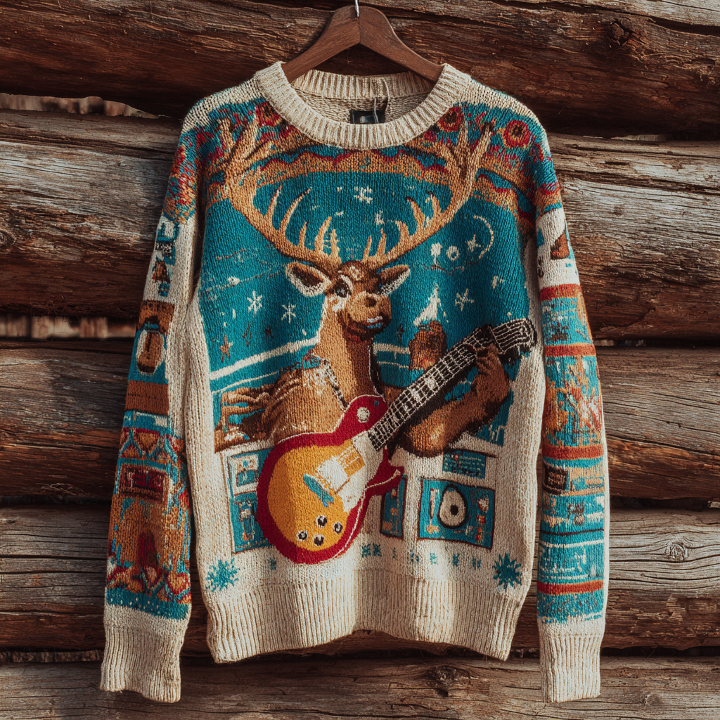 Comstylish Retro Japanese Art Style Rock Deer Pattern Men's Round Neck Knit Sweater