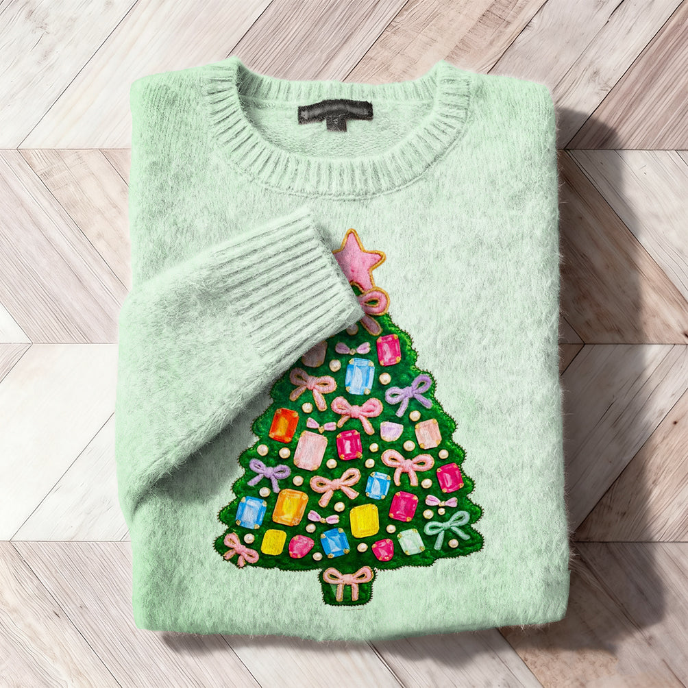 Christmas Rhinestone Tree Embroidered Cozy Knit Sweater artswardrobe