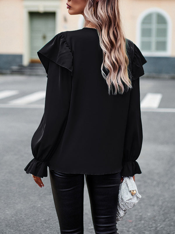 Long Sleeves Loose Asymmetric Hollow V-neck Blouses&shirts Tops