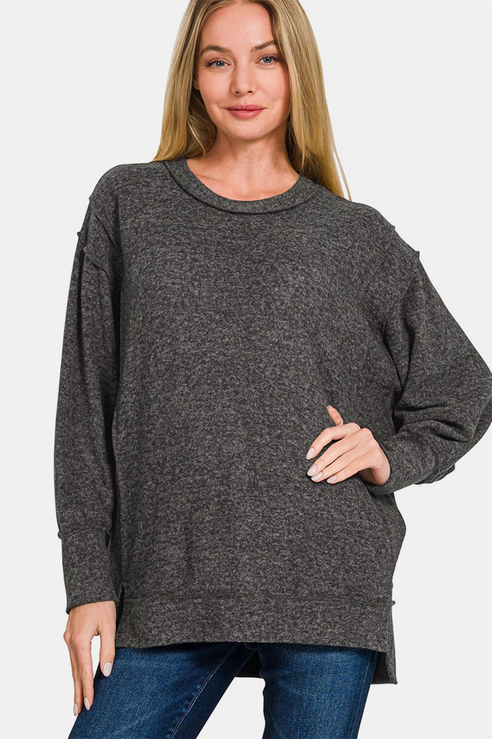 Jacqueline® | Full size long sleeve high and low crew neck sweater