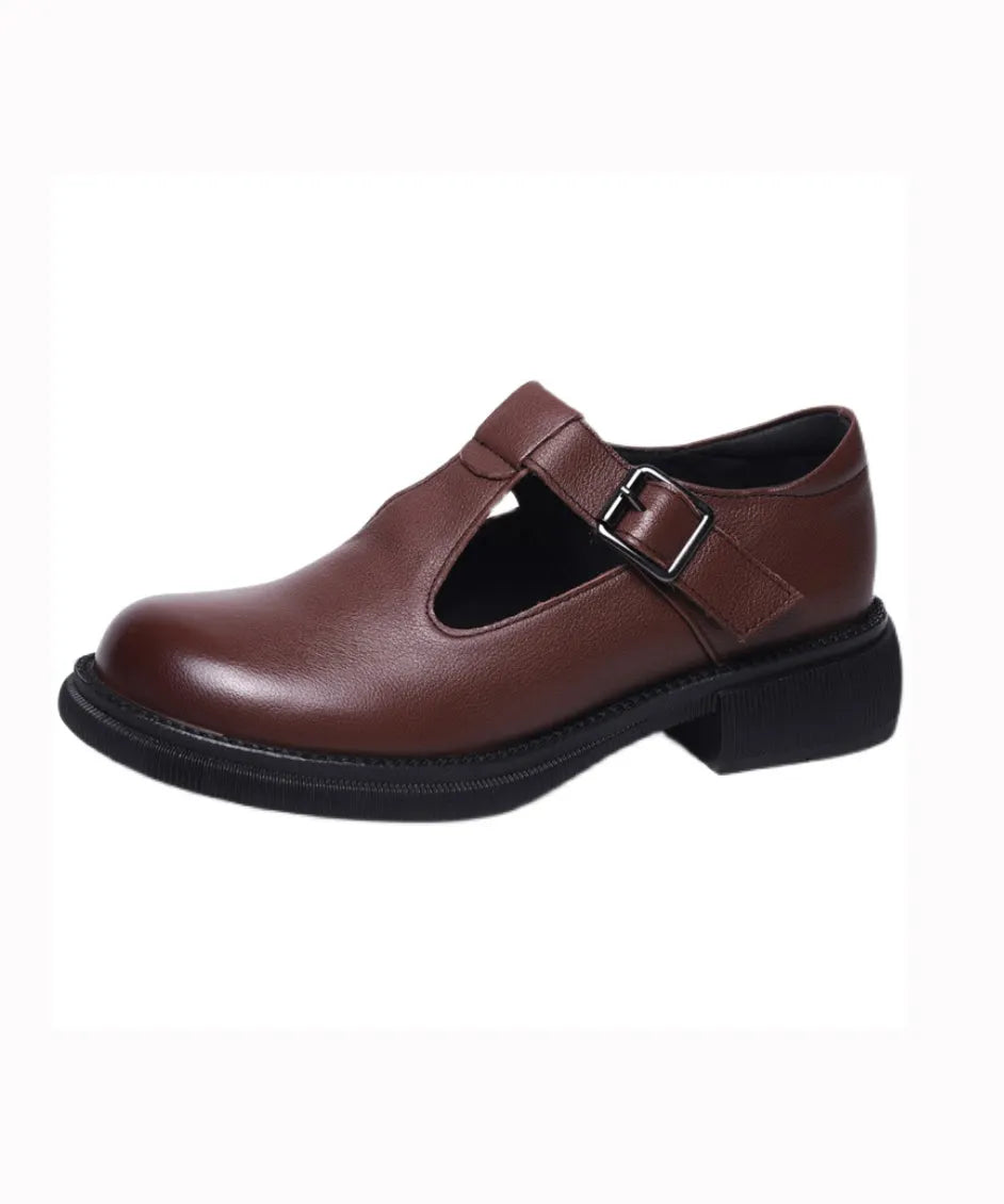 Black Cowhide Leather Simple Splicing Buckle Strap Flats