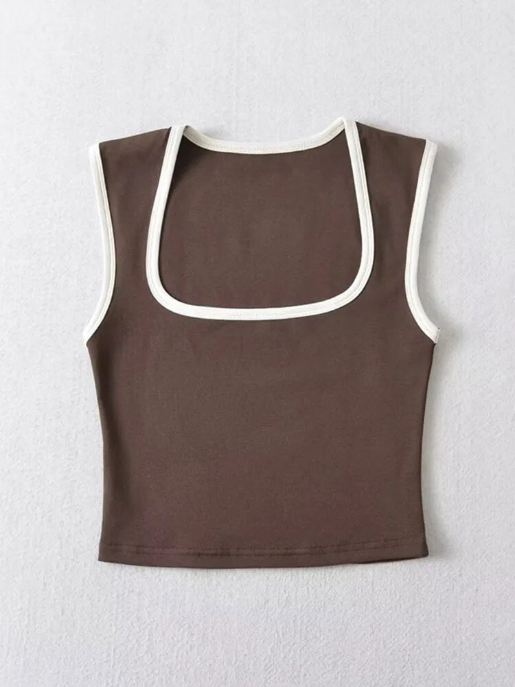 Woman Slim Contrust Camis Sleeveless Tanks Square Collar Crop Tops Clothing Mujer Y2k