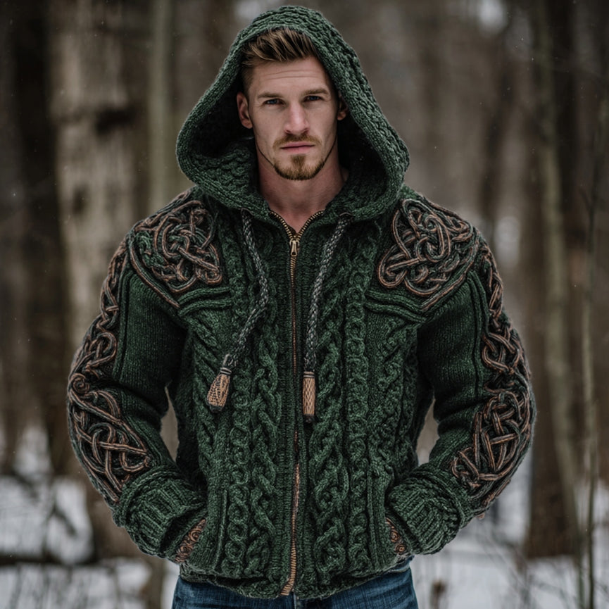 Men's Vintage Viking Celtic Knot Art Chunky Knit Hooded Zip-up Sweater artswardrobe
