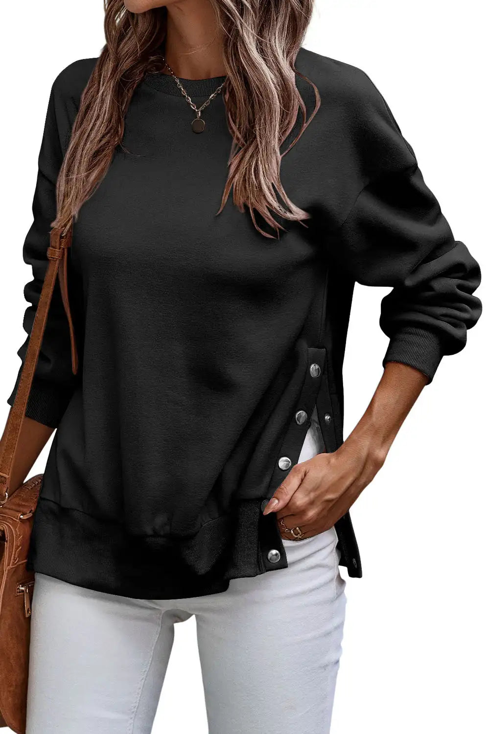 Black Snap Buttons Pullover Sweatshirt