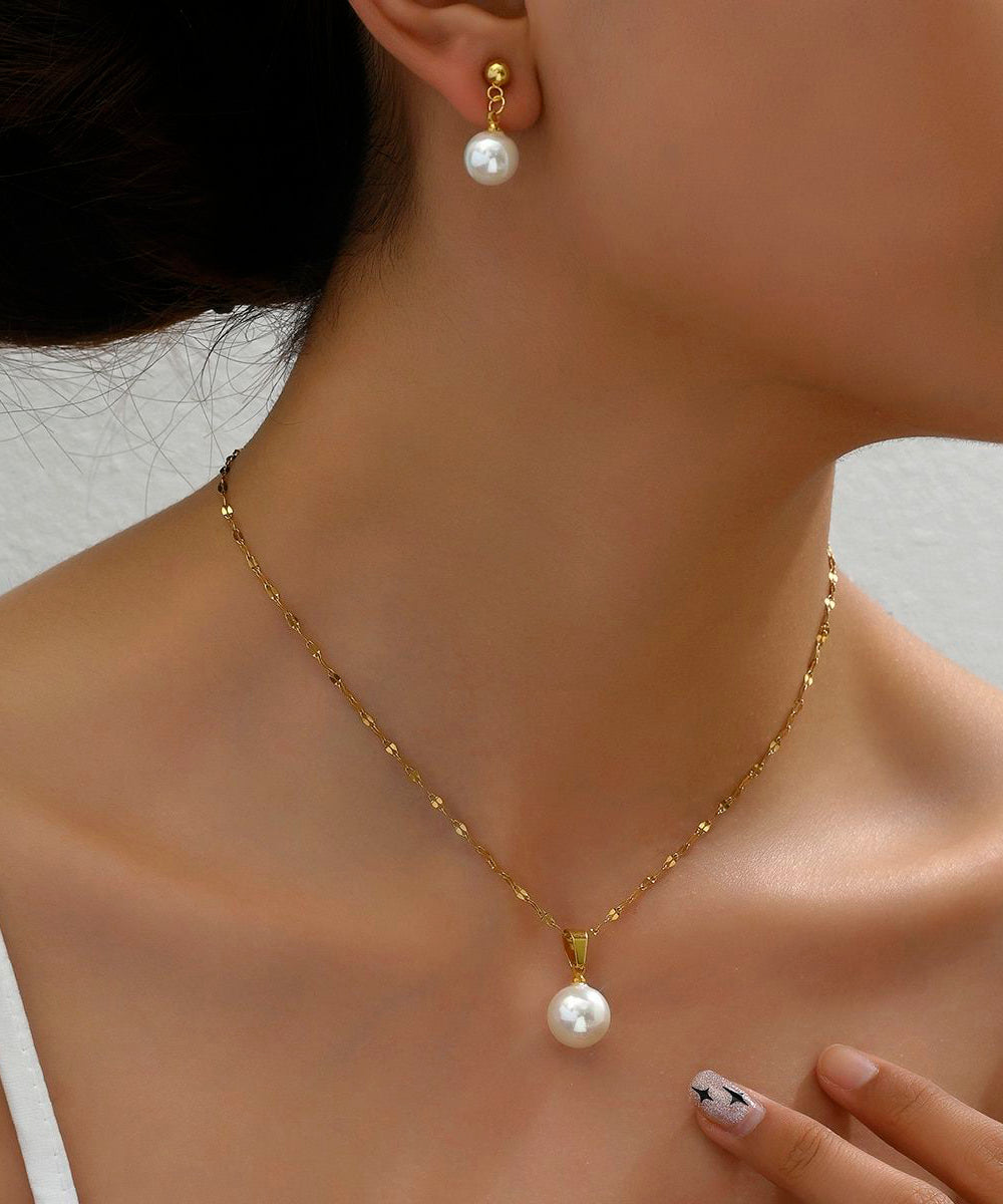 Stylish Gold Copper Overgild Jade Pendant Necklace and Drop Earrings Two-piece Set