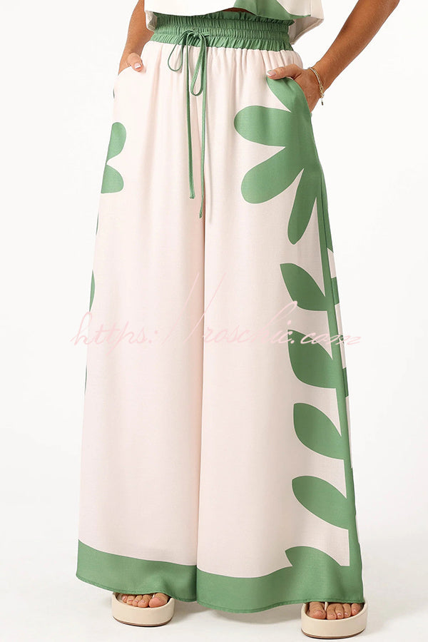 Stylish Printed Sleeveless Tank Top and Pocket Elastic Waist Wide Leg Pants Set