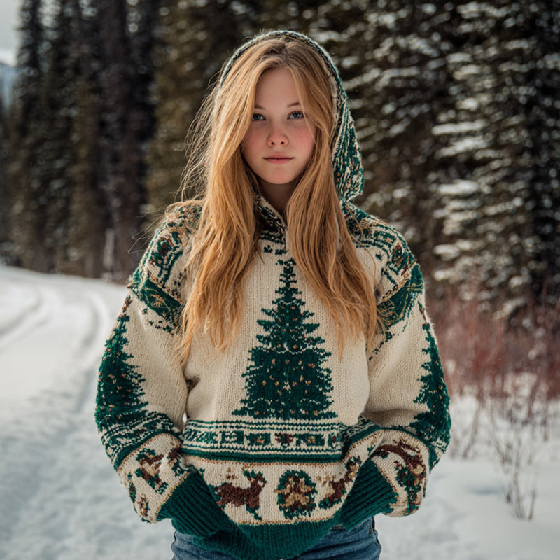 Comstylish Women's Vintage Christmas Tree Cozy Knit Hooded Sweater
