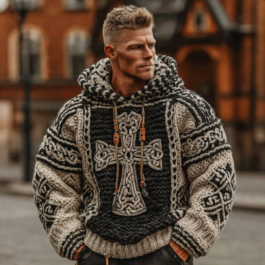 Men's Viking Celtic Cross Knot Knit Hooded Sweater artswardrobe